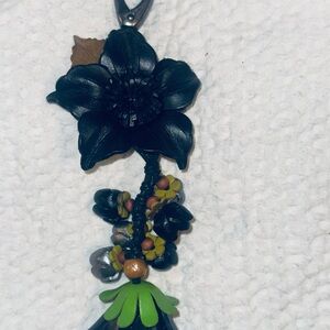 Black Floral leather fob/keychain, for purse. Handmade.